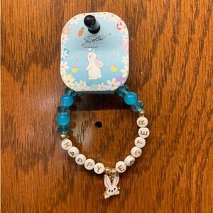 Happy Easter Bunny Charm Bracelet Blue Beaded Stretch Spring Jewelry Gift